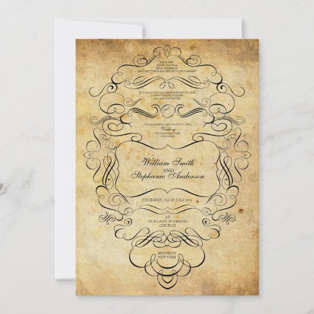 Black Vintage Floral Ornate Wedding Invitation (Front)