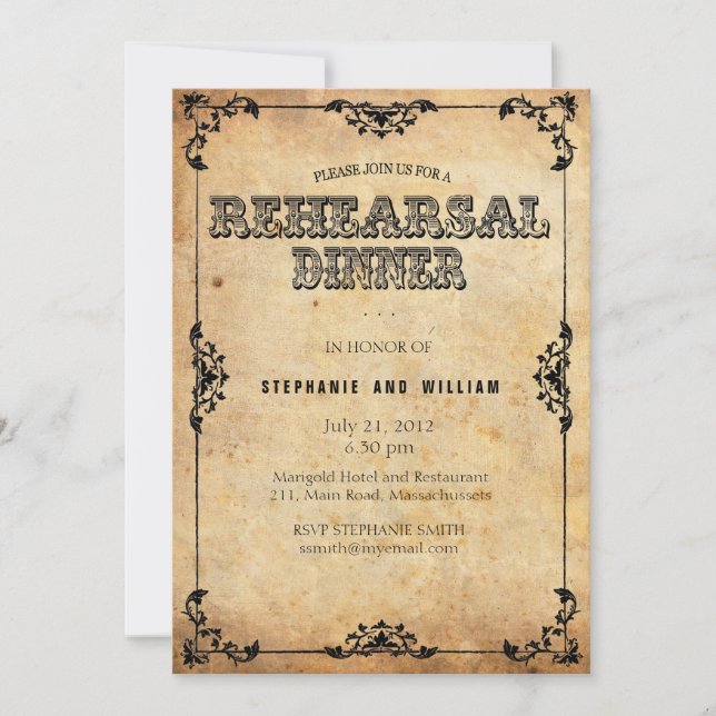 Black Vintage Floral Rehearsal Dinner Card (Front)