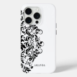 Black vintage floral swirl mandala on a white iPhone 15 pro case