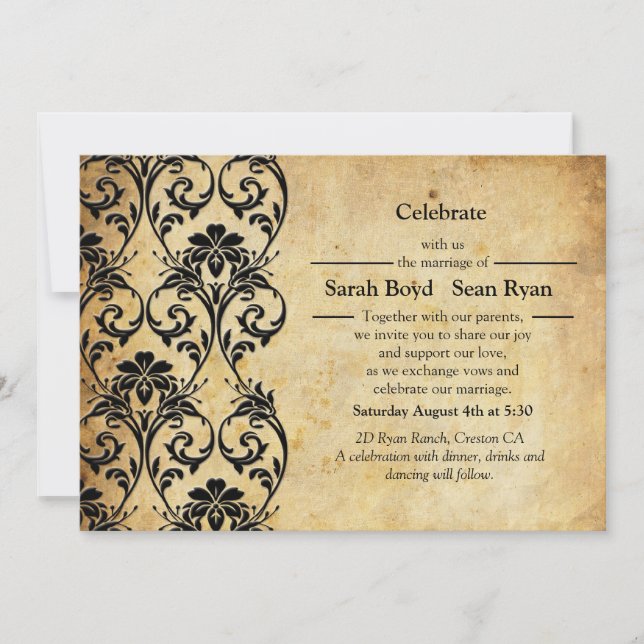 Black Vintage Floral Swirl Wedding Invitation (Front)