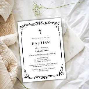 Black Vintage Frame Baptism Christening Cross Invitation