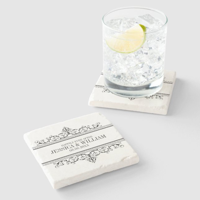 Black Vintage Frame Happily Ever After Stone Coaster (Side)