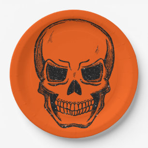 Black Vintage Glitter Skull Halloween Paper Plate