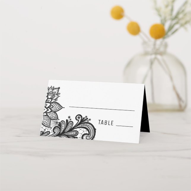 Black Vintage Lace Wedding Place Card (Front)