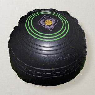 Black Vintage Lawn Bowl, Round Throw Cushion. Round Cushion