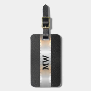 Black vintage leather metallic silver stripe luggage tag