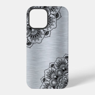 Black vintage mandala on silver brushed aluminium iPhone 12 pro case