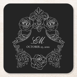 Black Vintage Monogram Crest Wedding Logo Square Paper Coaster