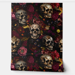 Black Vintage Mystic Skull And Red Roses Garden Wallpaper