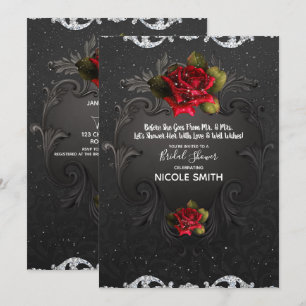 Black Vintage Ornamental Red Roses Bridal Shower Invitation