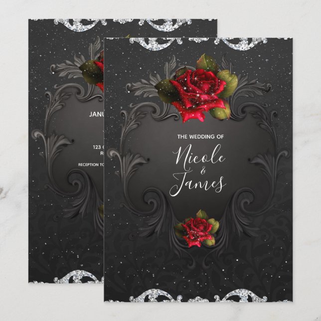 Black Vintage Ornamental Red Roses Wedding Invitation (Front/Back)