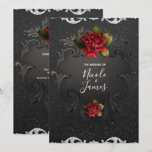 Black Vintage Ornamental Red Roses Wedding Invitation