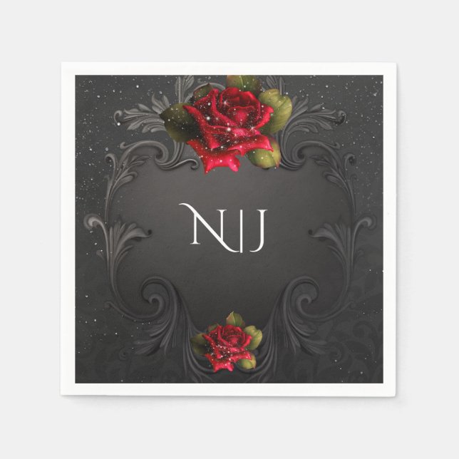 Black Vintage Ornamental Red Roses Wedding Napkin (Front)