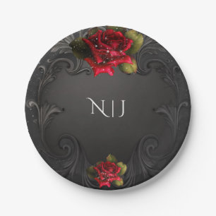 Black Vintage Ornamental Red Roses Wedding Paper Plate