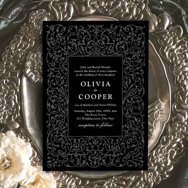 Black Vintage Ornate Frame Classic Wedding  Invitation (Black Vintage Ornate Frame Classic Wedding Invitation)