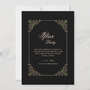 Black Vintage Ornate Gold Frame Script Iftar Party Invitation