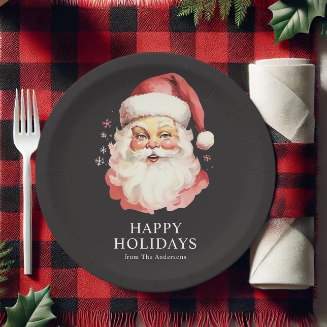 Black Vintage Retro Santa Claus Christmas Paper Plate (Creator Uploaded)