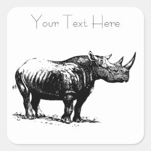 Black Vintage Rhinoceros Line Art Square Sticker