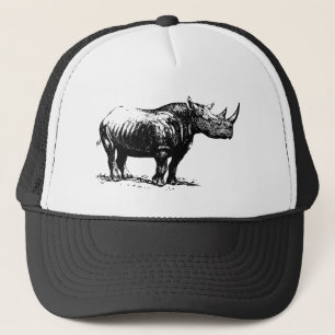Black Vintage Rhinoceros Line Art Trucker Hat