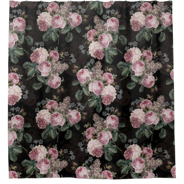 Black Vintage Rococo Roses Bouquets Garden Shower Curtain (Front)