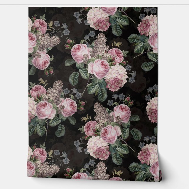 Black Vintage Rococo Roses Bouquets Garden Wallpaper (Unrolling)