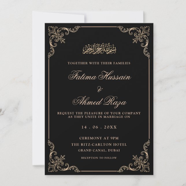 Black Vintage Romantic Script Muslim Wedding Invitation (Front)
