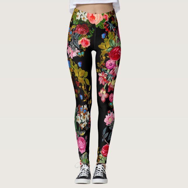 Black Vintage Rose Garden Leggings (Front)