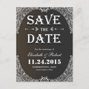 black vintage save the date announcement postcard