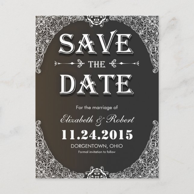black vintage save the date announcement postcard (Front)