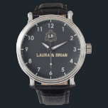 Black Vintage simple Monogram couple names Watch<br><div class="desc">Personalized watch with the names of the bride and groom or the couple in love. This watch can be customized by changing the text with the name of the loved one or the wedding date. It can be an ideal gift for newlyweds or for silver or golden wedding anniversaries. Monogram...</div>