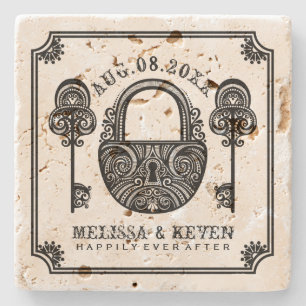Black Vintage  Skeleton Keys & Lock Wedding Design Stone Coaster