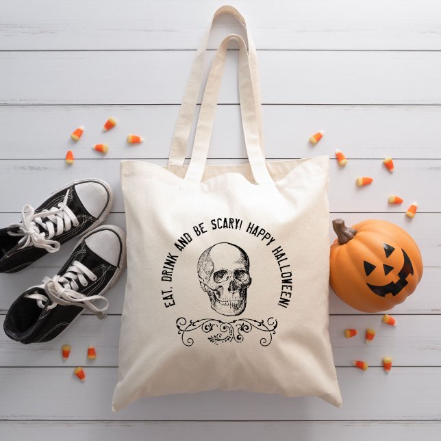 Black Vintage Skull Personalised Halloween Party Tote Bag (Creator Uploaded)