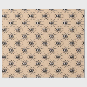 Black vintage spider design on beige background wrapping paper