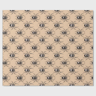 Black vintage spider design on beige background wrapping paper