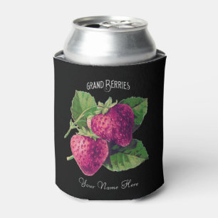 Black Vintage Strawberry Berry Fruit Add Your Name Can Cooler
