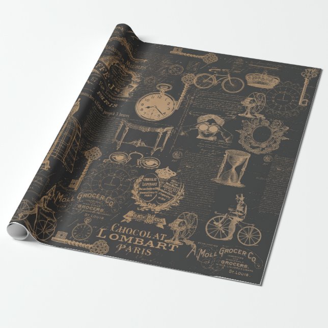 Black Vintage Style Wrapping Paper (Unrolled)