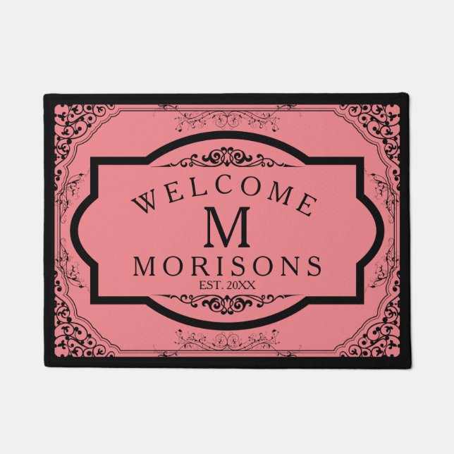 Black Vintage Swirls Frame On Pink Doormat (Front)
