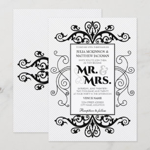 Black Vintage Swirls Mr. and Mrs. Wedding Invitation
