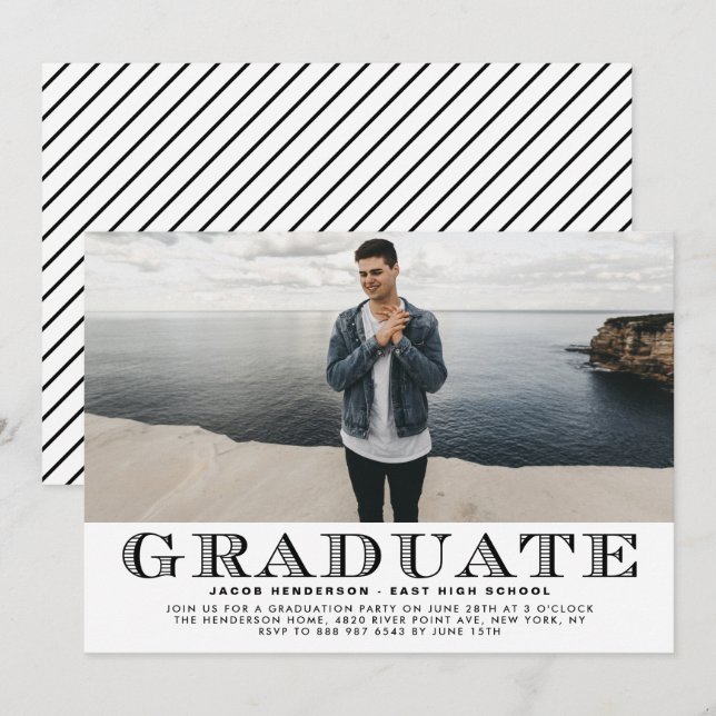 Black Vintage Typography Photo Graduation Party Invitation (Front/Back)