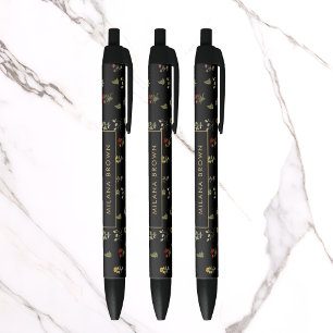 Black Vintage Wildflower Floral & Gold Name Ink Pen