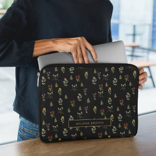Black Vintage Wildflower Floral Pattern Gold Name Laptop Sleeve
