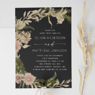 Black vintage woodland floral fern wedding + QR Invitation
