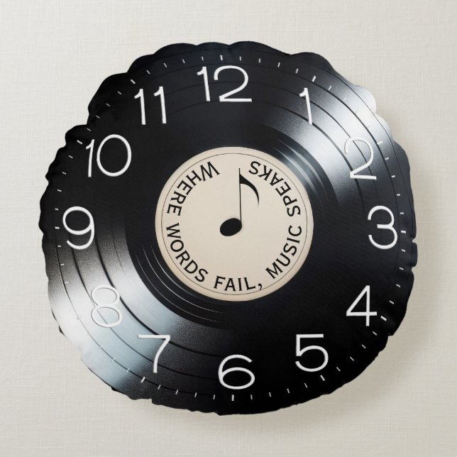 Black Vinyl Record Album With Quote Round Cushion (Front)