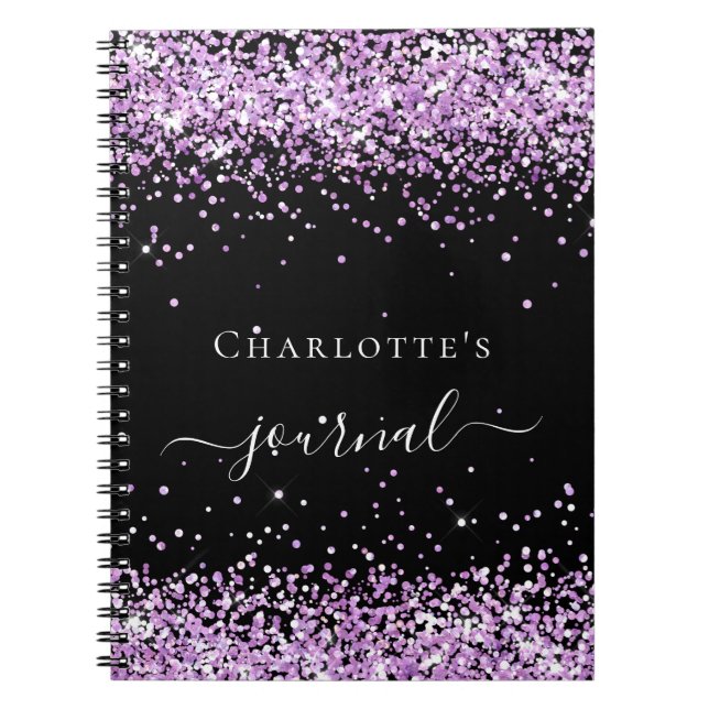 Black violet purple glitter name script journal (Front)