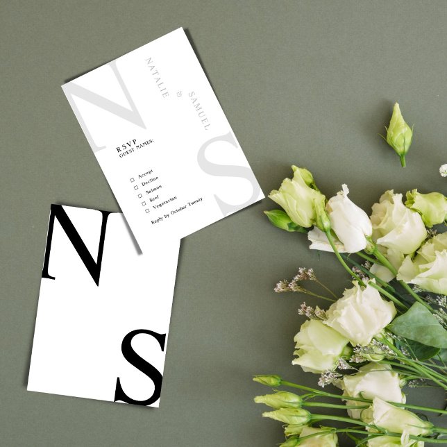 Black & W Minimalist Elegant Bold Initials Wedding RSVP Card (Creator Uploaded)