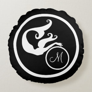 Black w/ Monogram initial white mermaid nautical Round Cushion