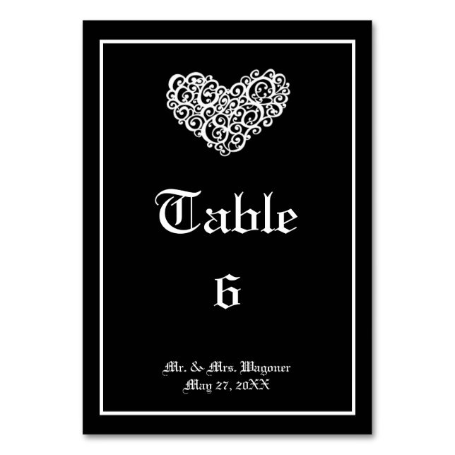 Black w/White Swirly Heart - 3x5 Table Card (Front)