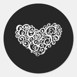 Black w/White Swirly Heart - Simple Circle Sticker