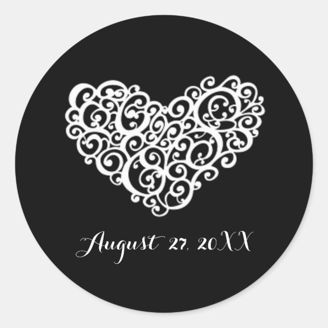 Black w/White Swirly Heart - Simple Circle Sticker (Front)