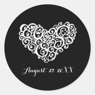 Black w/White Swirly Heart - Simple Circle Sticker